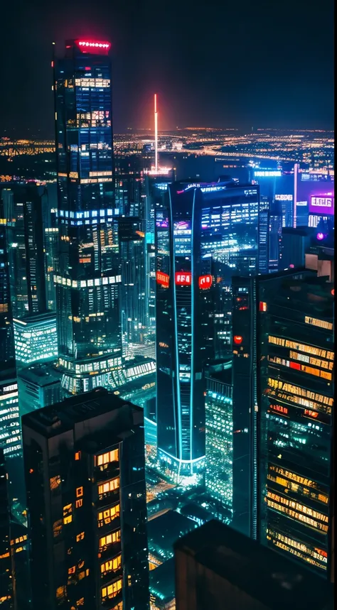 cyberpunk skyscraper neon city night view looking down from above