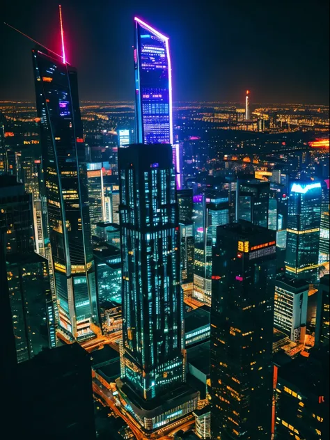 Cyberpunk skyscraper neon city night view looking down from above