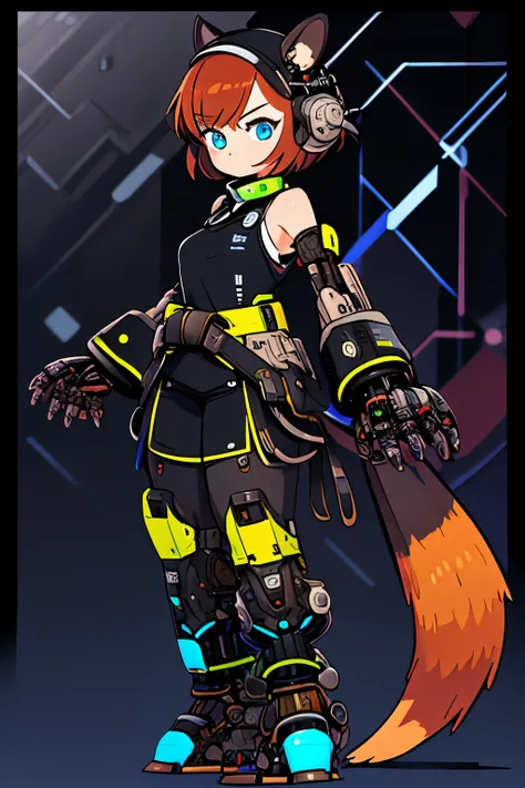 Masterpiece, intricate, anime style, full body, 1girl, rakkun, mecha girl, racoon ears, 1tail, fluffy tail, racoon tail, brown and light brown ringed tail, red and blue eyes blurred, cyber eyes, short hair, red inner hair, brown hair, a strand of hair on t...