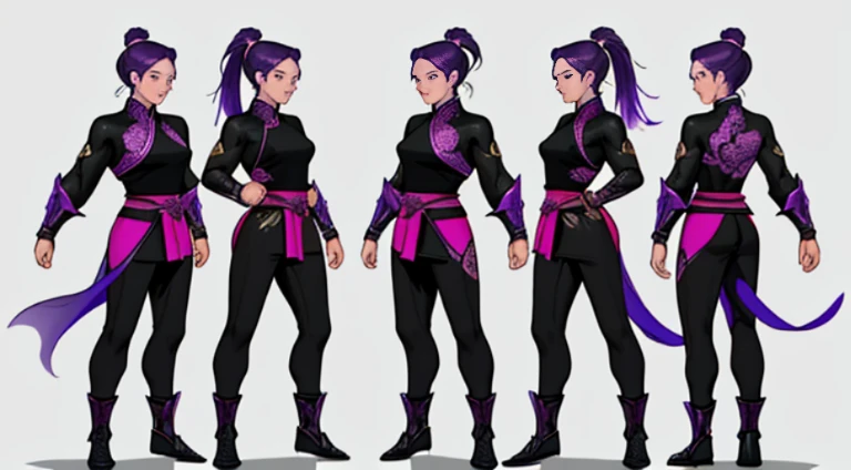 Sexy Asian warrior girl. Black and purple hair. Dragon armor motif. Im the style of mortal Kombat. Concept art using wing chun martial arts. Show full body. Sex appeal.