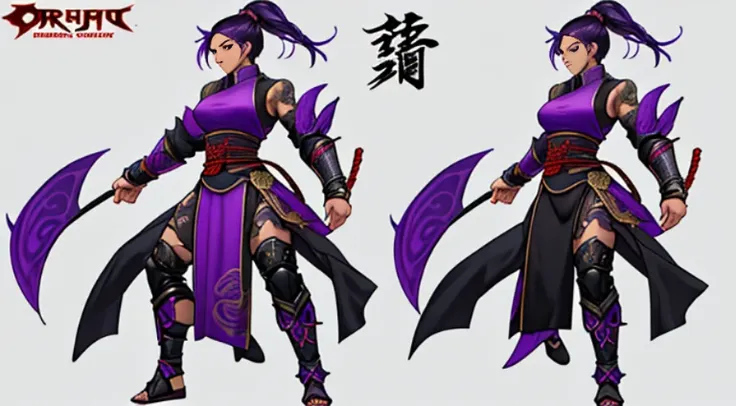 sexy asian warrior girl. black and purple hair. dragon armor motif. i'm the style of mortal kombat. concept art using wing chun ...