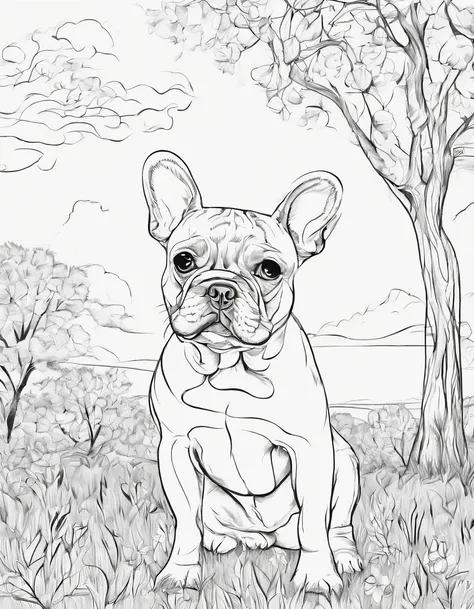 French Bulldog next to a tree in a field, for coloring page, high quality, black and white, no shading