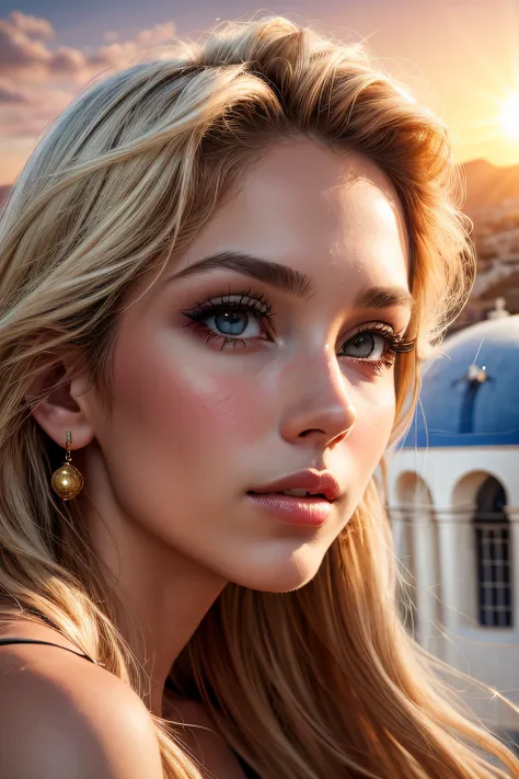 (best quality,4k,8k,highres,masterpiece:1.2),ultra-detailed,realistic,sexy girl,1girl,beautiful,detailed eyes,detailed lips,long eyelashes,taking sun,santorini,blue domed buildings,majestic view,vivid colors,golden sunlight,warm breeze,gorgeous sunset,flaw...