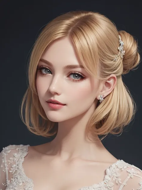 (masterpiece), ((best quality)), extremely delicate and beautiful, intricate detail, 1girl, medium blonde hair, (chignon), slit pupils, (ear clip, hair beads, (glossy lips)), smirk, mature female, party dress, graceful atmosphere