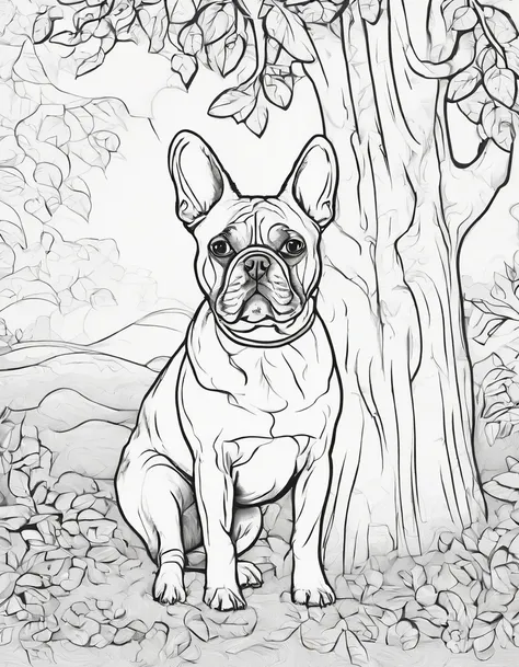 French Bulldog next to a tree, for coloring page, high quality, black and white, no shading