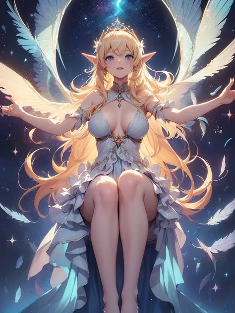 top-quality、Top image quality、​masterpiece、Full body naked girl((20yr old、Best Bust、big bast、Bust 90,Beautiful blue eyes、,Blonde long hair、A slender、Fairy feathers、a closeup、Sit with your knees bent、sideways Facing、playing harp、Floating in the light、beauti...