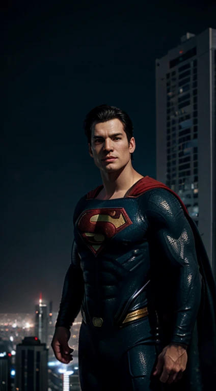 Superman over the city in noir style, in full height, higly detailed, Maximum realism, 8K