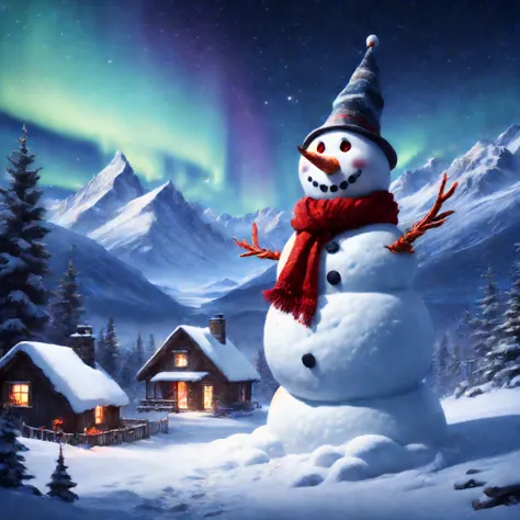 star night, Snow-capped trees，(aurora borealis), Towering snow-capped mountains,((tall snowman，Large round body，Carrot nose，branches as arms，Red scarf wrapped around neck，Coal for eyes,ssmile)), bonfires，cottage house covered in snow,Winter wonderland,New ...