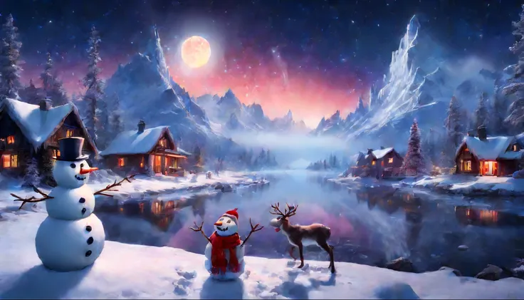 star night, Snow-capped trees，(aurora borealis), (Towering snow-capped mountains),((tall snowman，Large round body，Carrot nose，branches as arms，Red scarf wrapped around neck，Coal for eyes,ssmile)), bonfires，cottage house covered in snow,A snowy hideaway, re...