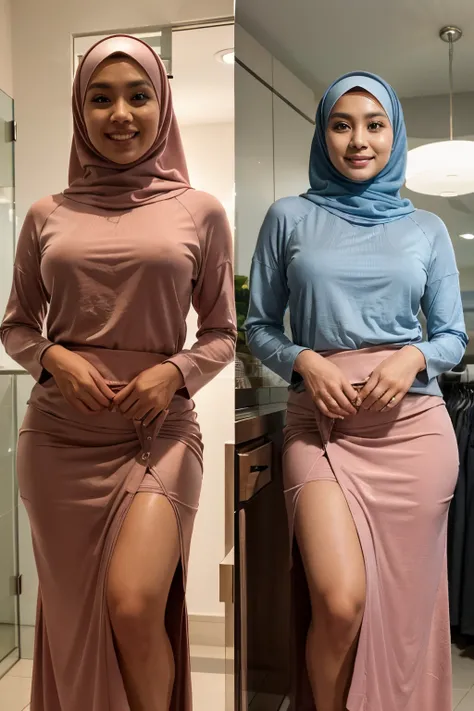 RAW, Best quality, high resolution, masterpiece: 1.3, 1 beautiful Malay woman in hijab, big gorgeous eyes, smiling, wearing loose long sleeve blouse and really tight long skirt, cut side skirt showing 1 thigh, full covered, in changing room, Excellent ligh...