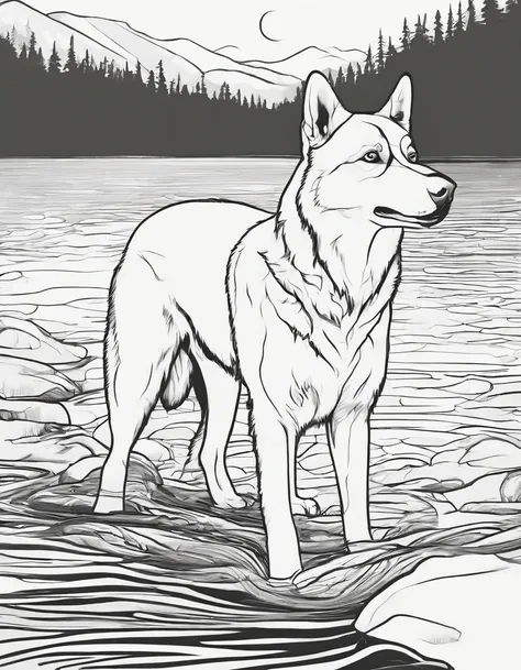 Siberian Husky in a river in Alaska, for coloring page, high quality, black and white, no shading