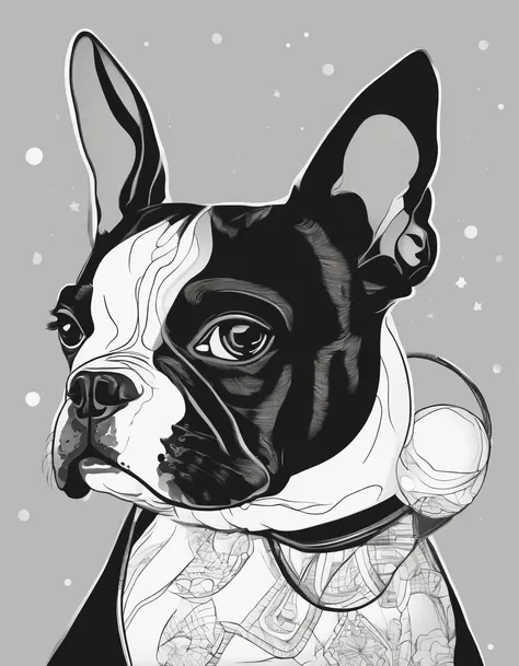 Boston terrier with a ball in his mouth, for coloring page, high quality, black and white, no shading