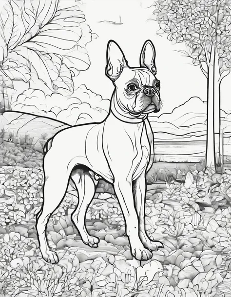 Boston terrier outside , for coloring page, high quality, black and white, no shading