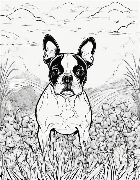 Boston terrier in a field , for coloring page, high quality, black and white, no shading