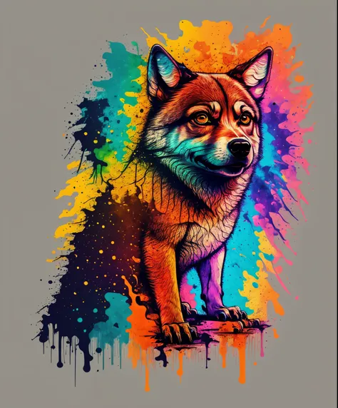 (close up fotografia de um lobo), t-shirt logo in colorful tapered thin outline style, spelling view, arte em (fundo vazio:1.4)h...