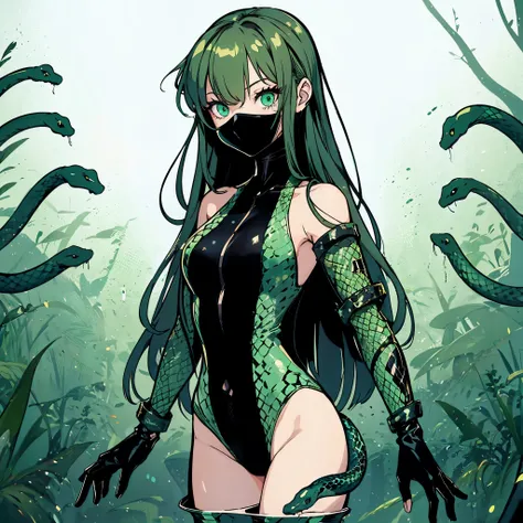 Girl in a bodysuit. she is wearing a cyber style bodysuit. A girl with snakes growing out of her body. she is wearing long black gloves. She has green hair. She has snake eyes.