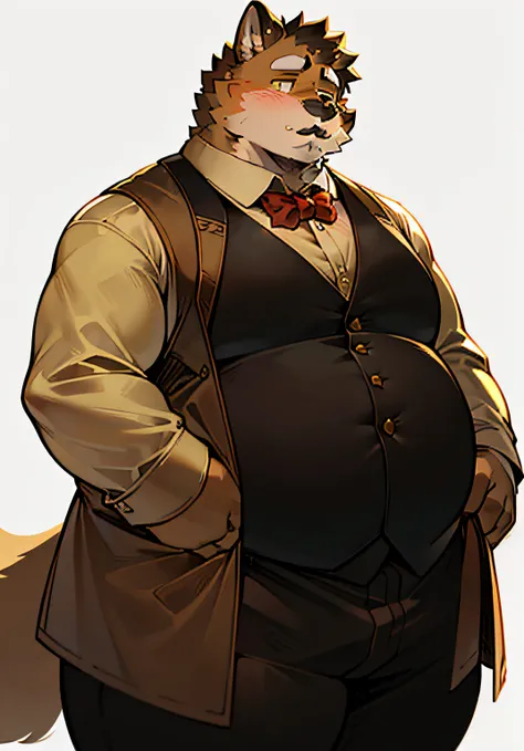 ((solo)), e621, furry, male, anthro, fat, chubby, obese, light yellow shirt, moustache, fluffy, waistcoat, cat, standing pose, brown fur, beige fur, belly, detailed face, overweight, high contrast, saturated colors, fantasy shop