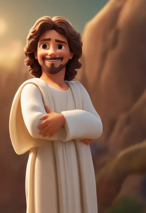 A happy Jesus Christ boy with his hair standing on end, fundo branco, barnet, Tom, Estilo Pixar, ....3d, desenhos animados, rosto detalhado, asymmetrical 16k