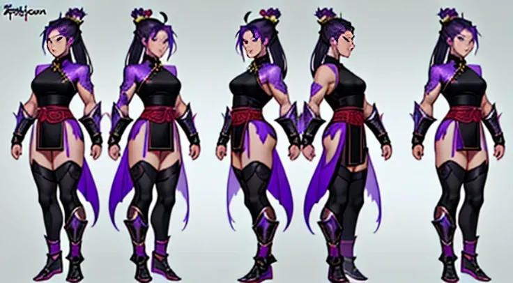 Sexy Asian warrior girl. Black and purple hair. Dragon armor motif. Im the style of mortal Kombat. Concept art using wing chun martial arts. Show full body. Sex appeal. With Chinese dragon wrapped around her. Dragon made of purple flames. No pants. Black p...