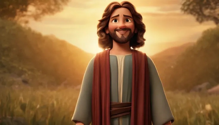 A happy Jesus Christ boy with his hair standing on end, fundo branco, barnet, Tom, Estilo Pixar, ....3d, desenhos animados, rosto detalhado, asymmetrical 16k