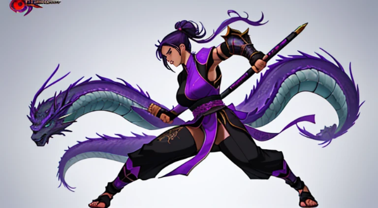 Sexy Asian warrior girl. Black and purple hair. Dragon armor motif. Im the style of mortal Kombat. Concept art using wing chun martial arts. Show full body. Sex appeal. With Chinese dragon wrapped around her. Dragon made of purple flames. No pants. Black p...