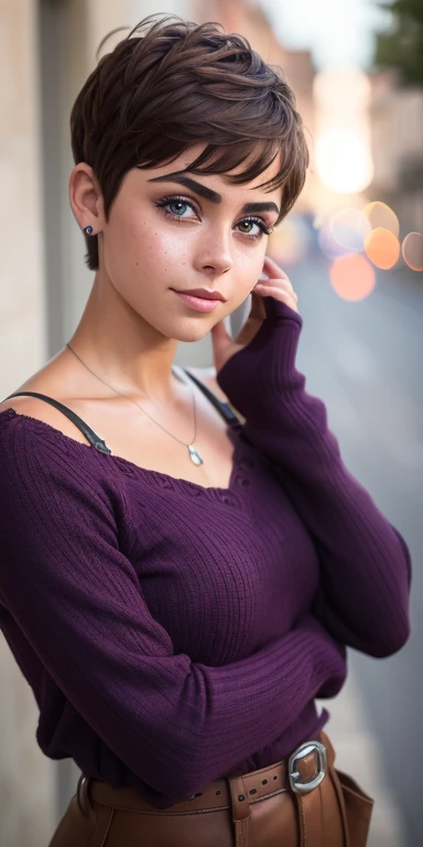 Photo of a 15-year-old European girl, .RAW, beautiful woman, muchas pecas en mejillas ,hermosos  ojos azules(Light brown hair pixie haircut),corte de cabello pixie ((retrato)), ((Cara detallada:1.2)), ((Detailed facial features)), (Piel finamente detallada...