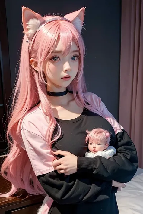 scene in room , 17 year old woman with pink hair with cat ears, big breasts, wearing a black long sleeve shirt, holding her newborn baby with pink hair (detailed face), her little brother