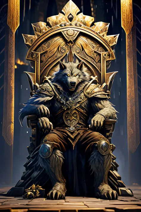 an old Werewolf king sitting on the throne in the heart of The City of Glas, throne is A very humid place full of puddles and leaks, regal, intimidating, ornate armor, regal crown, blurry_background, natural lighting, short twintails hair, looking_at_viewe...