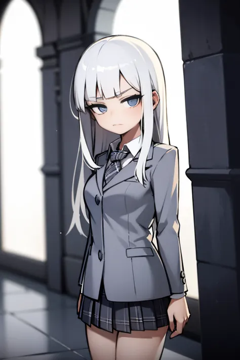 Young girl, white hair, blue eyes, shy face, japanese student outifts, plaid skirt, looking at viewer, in a cathedral, dark stmosphere, grey filter, blue vitral in background, white cathedral