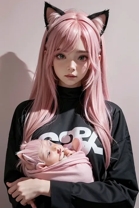 scene in room , 17 year old woman with pink hair with cat ears, big breasts, wearing a black long sleeve shirt, holding her newborn baby with pink hair (detailed face), her little brother