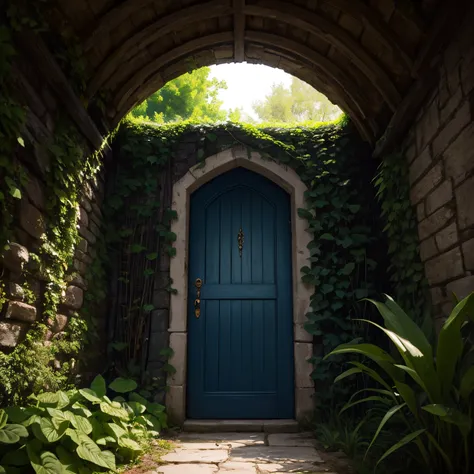 Secret door, overgrown with plants, medieval and dark style, dark blue hue and saturation