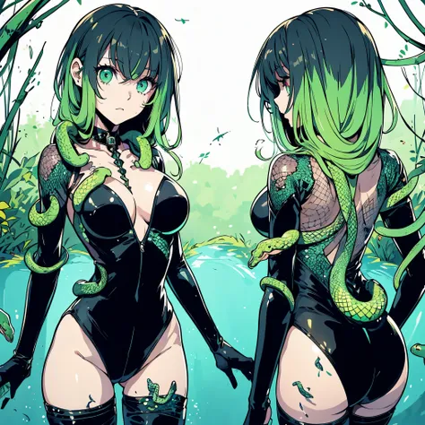 Girl in a bodysuit. she is wearing a cyber style bodysuit. A girl with snakes growing out of her body. she is wearing long black gloves. She has green hair. She has snake eyes.