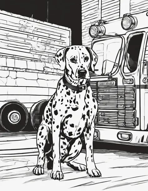 Dalmatian standing next to a firetruck, for coloring page, high quality, black and white, no shading