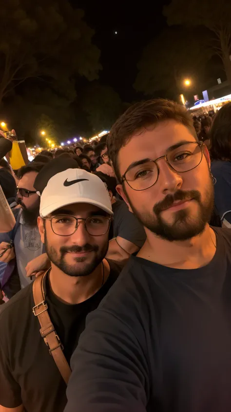 Hay dos hombres uno al lado del otro en un festival., con nerdy! gafas! y perilla, Dos hombres guapos, imagen de muy muy muy baja calidad, Mars Ravelo y Greg Rutkowski, LGBTQ, Foto tomada por la noche, En Sao Paulo, foto realista, foto nocturna, by Nándor ...