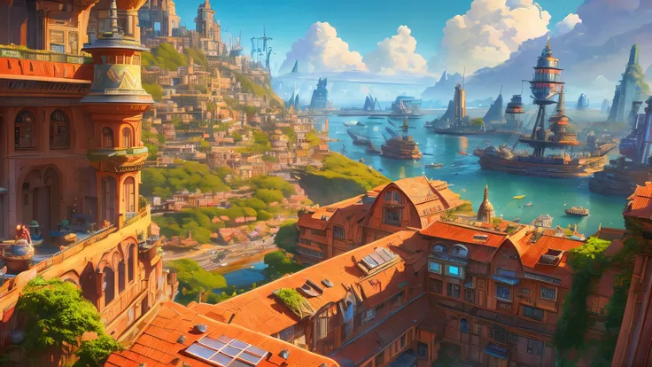 beautiful open kitchen in the style of elena of avalor overlooking aerial wide angle view of a solarpunk vibrant city with greenery, interior architecture, ocean, river, ships, citizens, rampart, rendered in octane, in the style of Luc Schuiten, craig mull...