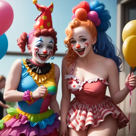 An ultra realistic image of 20 funny clowns, enjoying a children’s birthday party, ultra, realistic, cinematic, colorful