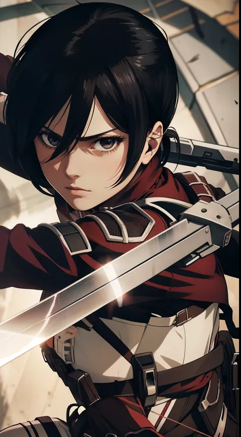 Woman showing her、glares、1girll, Solo, (masutepiece), Best Quality, Ultra-detailed, Mikasa Ackerman,in fighting，Wielding a knife