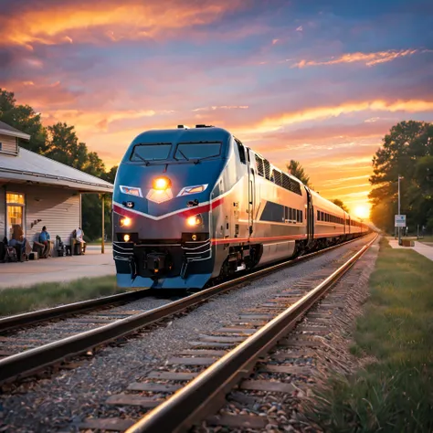 american amtrak train pulls up to a small township station in the northern united states, modern days, summer, soft light of the yellow sunset, realistic, cinematic, soft colors, ultra quality, hyper realistic