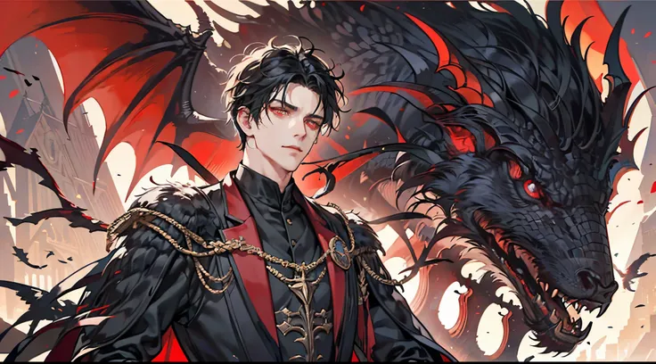 one male with a feathered dragon, adult, adult face, short messy black hair , handsome, beautiful, blood red eyes, detailed eyes, condescending, arrogant, royalty, tyrannical ruler, dark souls, close up, condescending, calm, medieval castle background