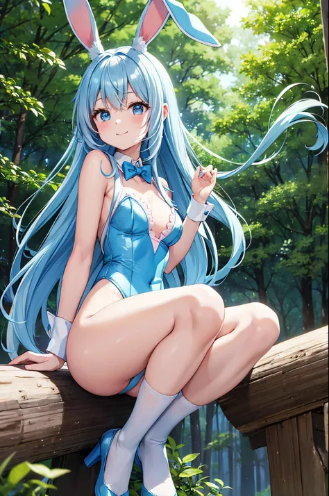 【Top image quality】Kawaii Girl　Light blue long hair、Twin-tailed、in woods　Forest creatures　Eared rabbit　bare-legged　Cute Leotard Costume、　White panty、rabbitears　shortsleeves　A charming smile　There are also rabbits