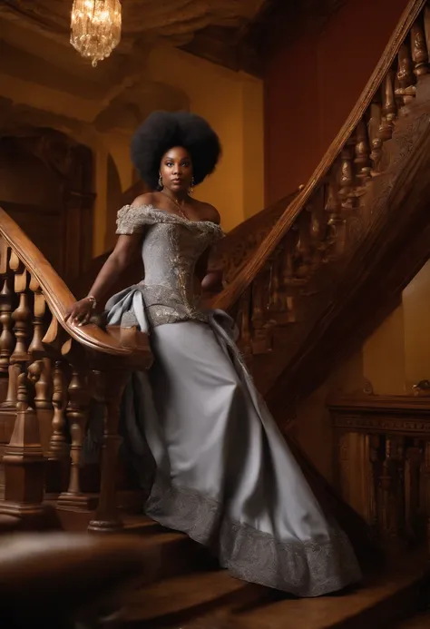 A photo of the character dressed as a Victorian noblewoman, standing in front of a majestic staircase in a grand mansion set.,original,He is a black man with a large Afro. He likes to wear gray sweatpants and no shirt.