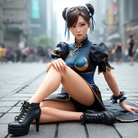 Chun Li, "rosto delicado, olhos verdes bem claros, bochechas rosadas, blonde hair, vestido floral, campo ensolarado, oil painting, ultra-detalhado, vivid colors, soft lighting, fotorrealista", cabelo com pontas vermelhas