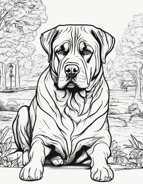 Rottweiler at the park, for coloring page, high quality, black and white, no shading