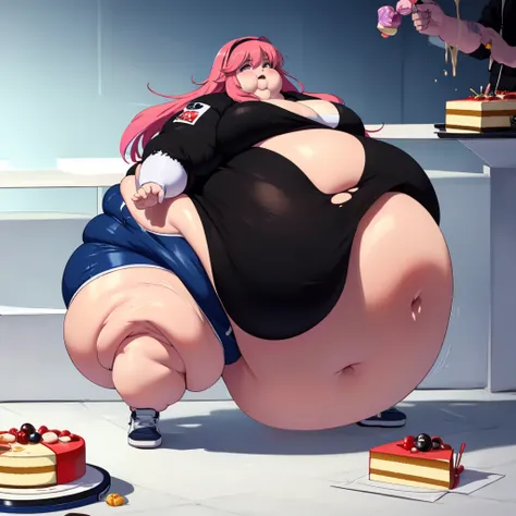 guy, male, man, ((white floor length hair)), pinks eyes, black and Pink clothes, (White shorts), (punk clothing), ((cakes)), ((Large , round Belly)),(( immobile)) , ((hyper Hips)),(( massive butt)) ,(( massive thighs)), Torn Clothes, Clear Detailed face:1....