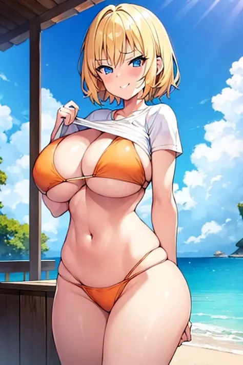 1girl, very short hair, blonde hair, blue eyes, orange bikini, huge breasts, thick thighs, wide hips, 2d, anime style, anime screencap, shirt lift, clothes lift, white shirt, lifted by self, shirt, orange bikini top, smug, smirk, smile, pervert, blush, blu...