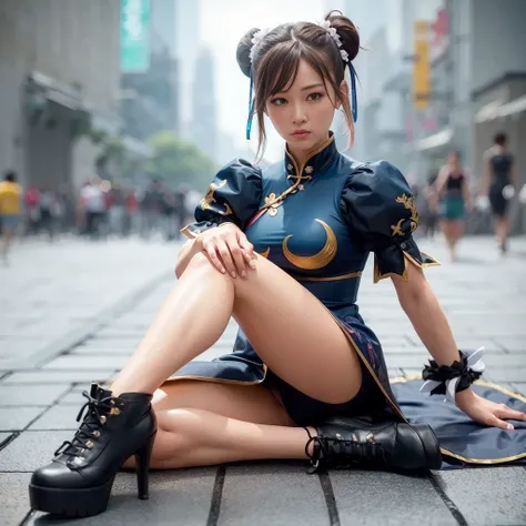 Chun Li, "rosto delicado, olhos castanhos bem claros, bochechas rosadas, blonde hair, vestido floral, campo ensolarado, oil painting, ultra-detalhado, vivid colors, soft lighting, fotorrealista", cabelo com pontas vermelhas