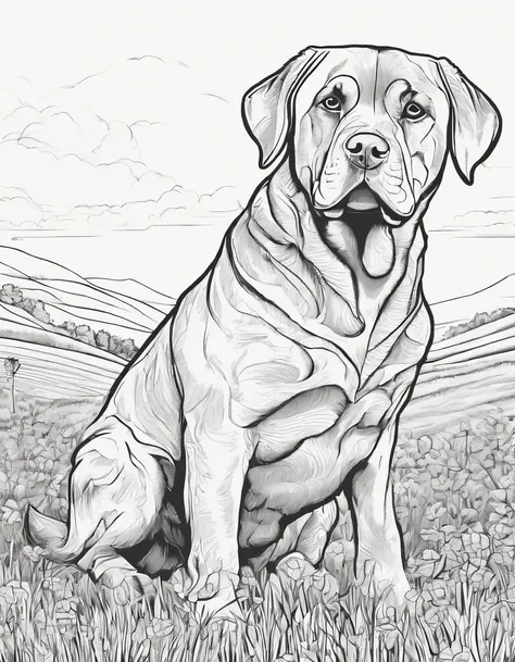 Rottweiler in a field, for coloring page, high quality, black and white, no shading