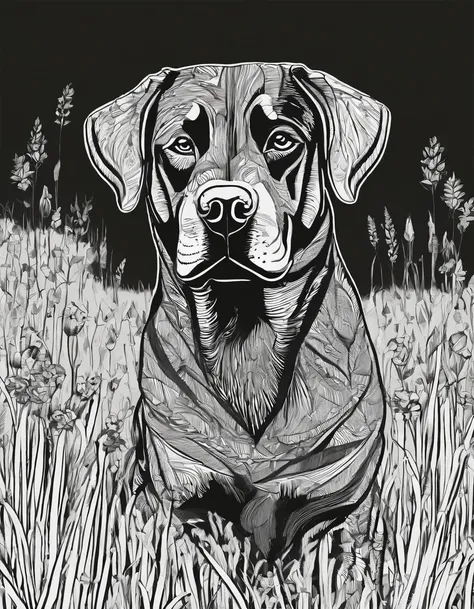 Rottweiler in a field, for coloring page, high quality, black and white, no shading