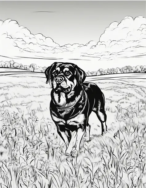 Rottweiler in a field, for coloring page, high quality, black and white, no shading