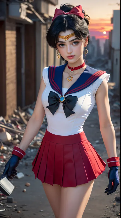 Ultraphotomicrography, Calidad superior, Super detalle CG Unity 8k Fondo de pantalla,  Detalles intrincados, (1 mujer), 18 years old, (Uniforme Sailor Senshi:1.4), (Guantes blancos:1.4),(falda rojo Sailor Moon:1.4) Color rojo marinero, (falda roja:1.4), Mo...